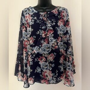 White House Black Market Floral Blouse - Navy and Pink